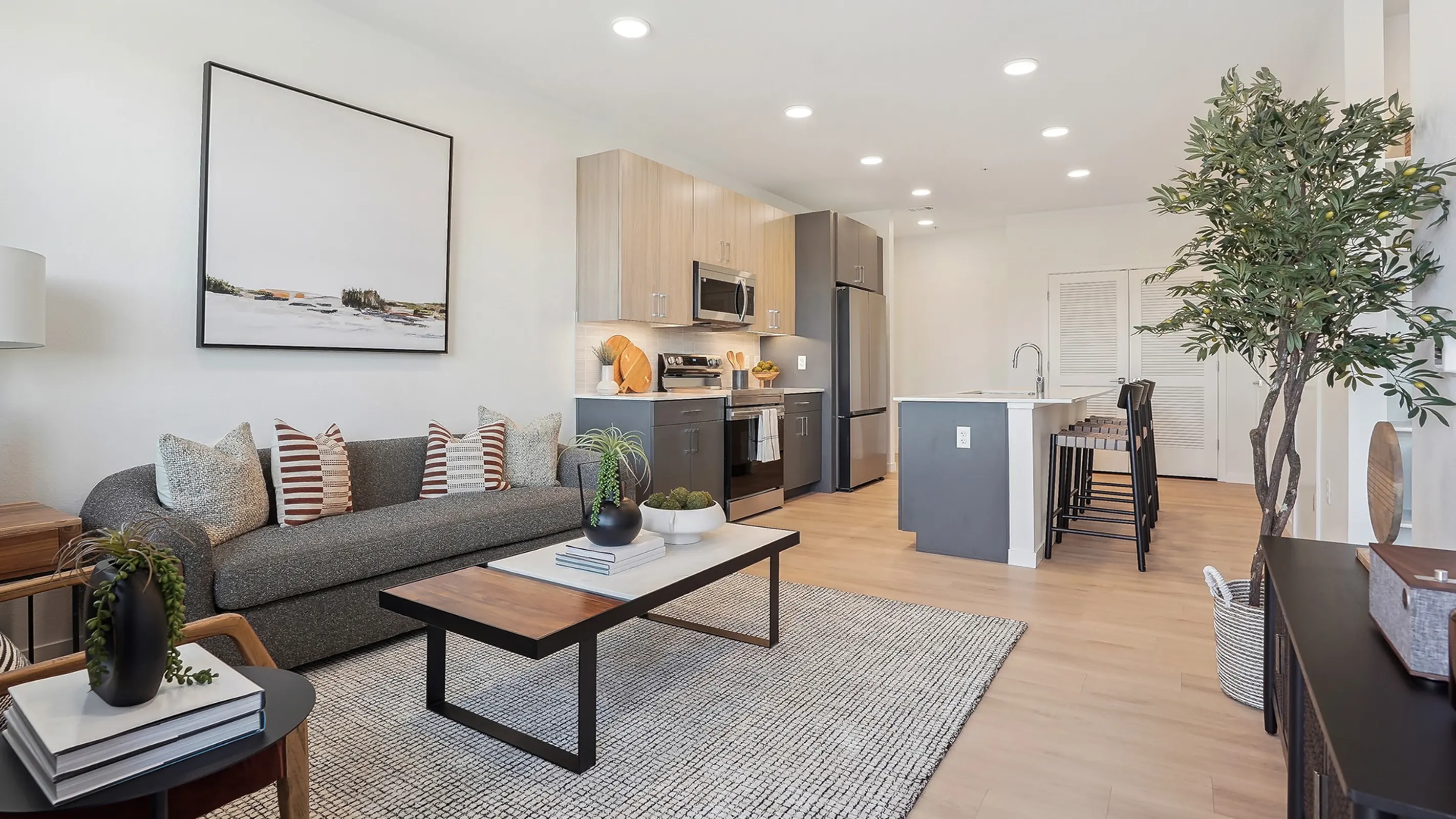 Renovated apartment living room and open kitchen after a unit interior program by Apex Contracting