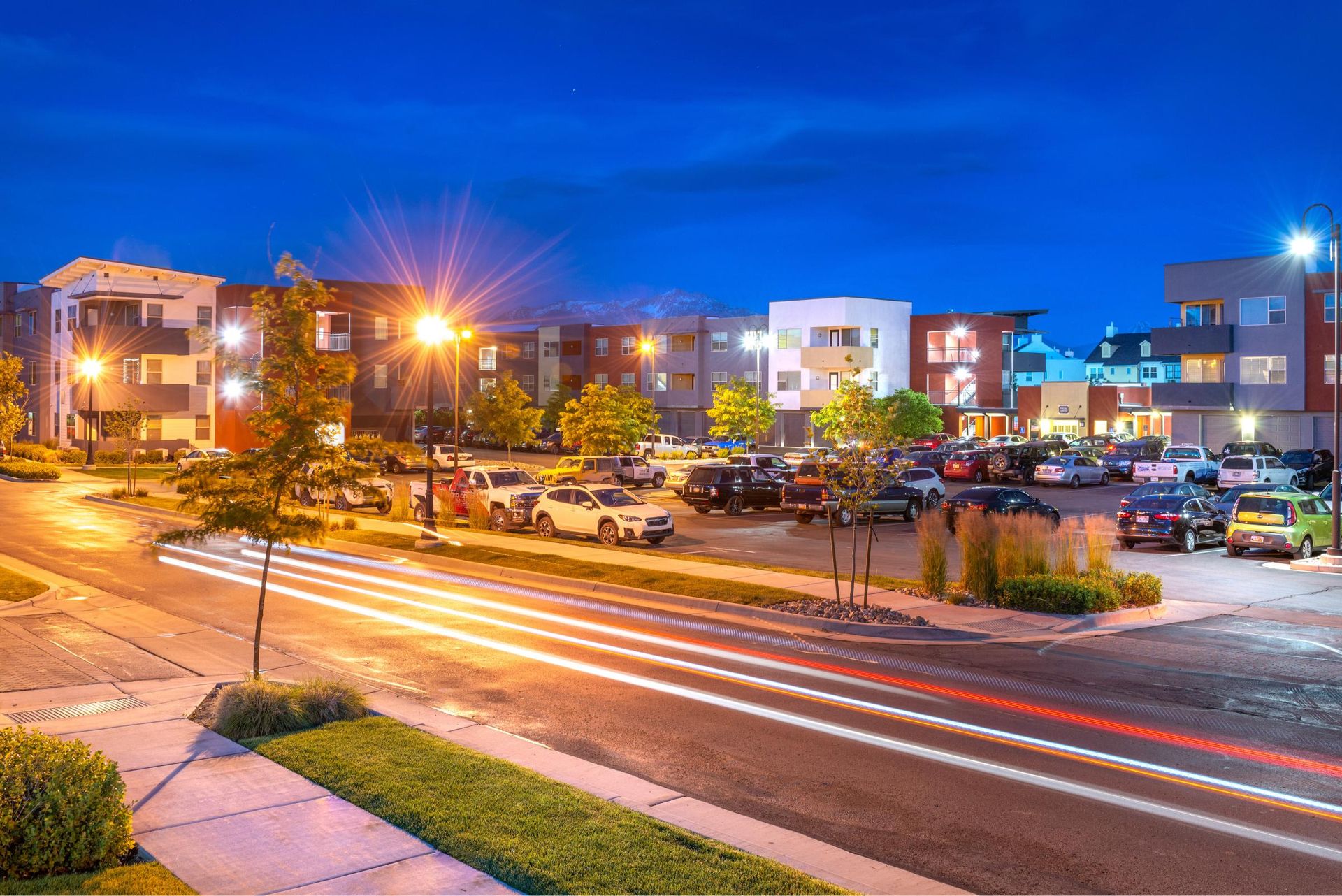 Completed exterior repaint at Olympus at Daybreak, South Jordan, Utah, at dusk