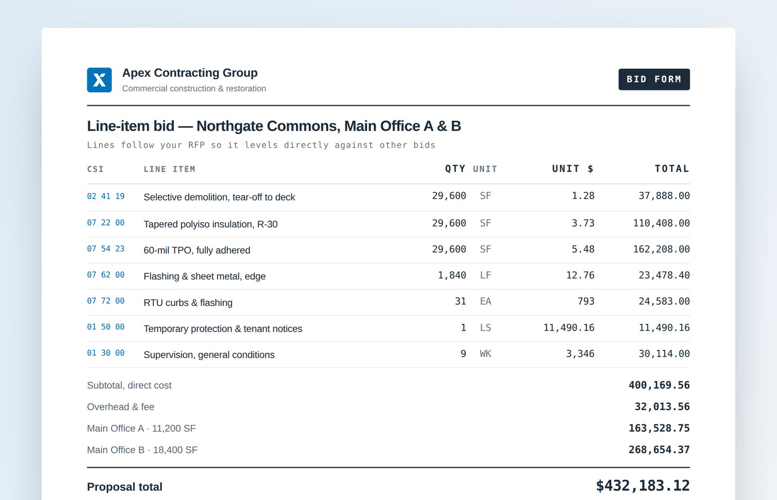 Apex line-item bid form with CSI codes, quantities, unit prices and a proposal total