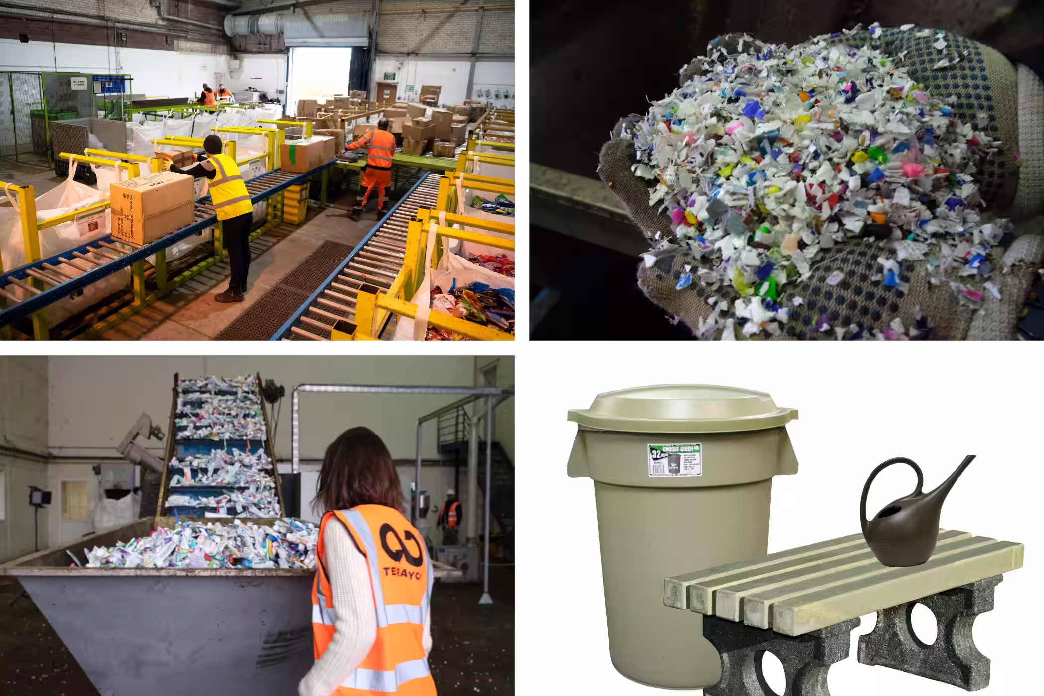Various stages of TerraCycle’s recycling process including sorting, shredding plastic waste, and manufacturing new products from recycled materials