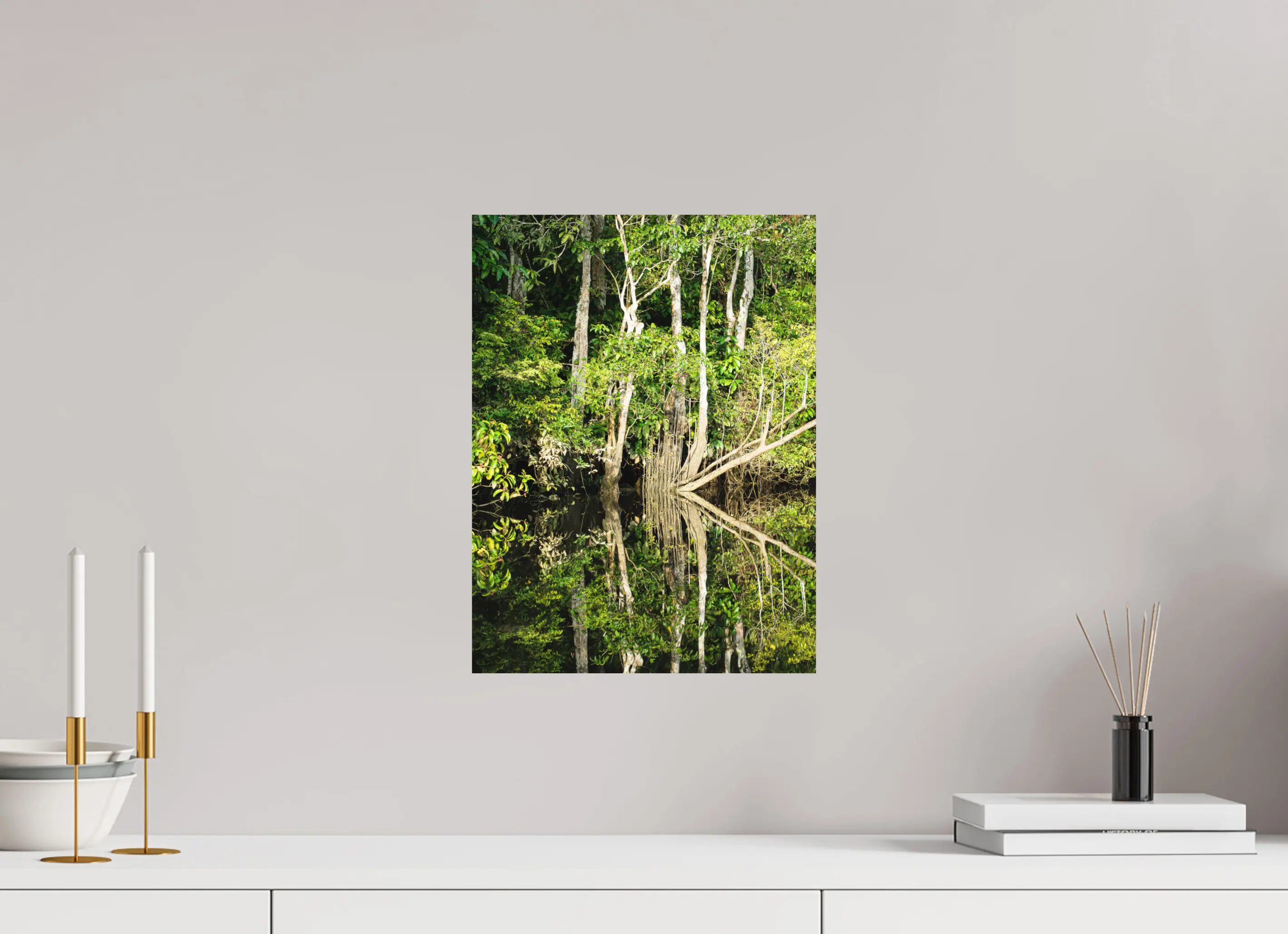 Fine art print “The Jungle Mirror” featuring dense Bornean rainforest trees perfectly reflected in still dark river water, displayed on aluminium dibond in a modern living room setting.