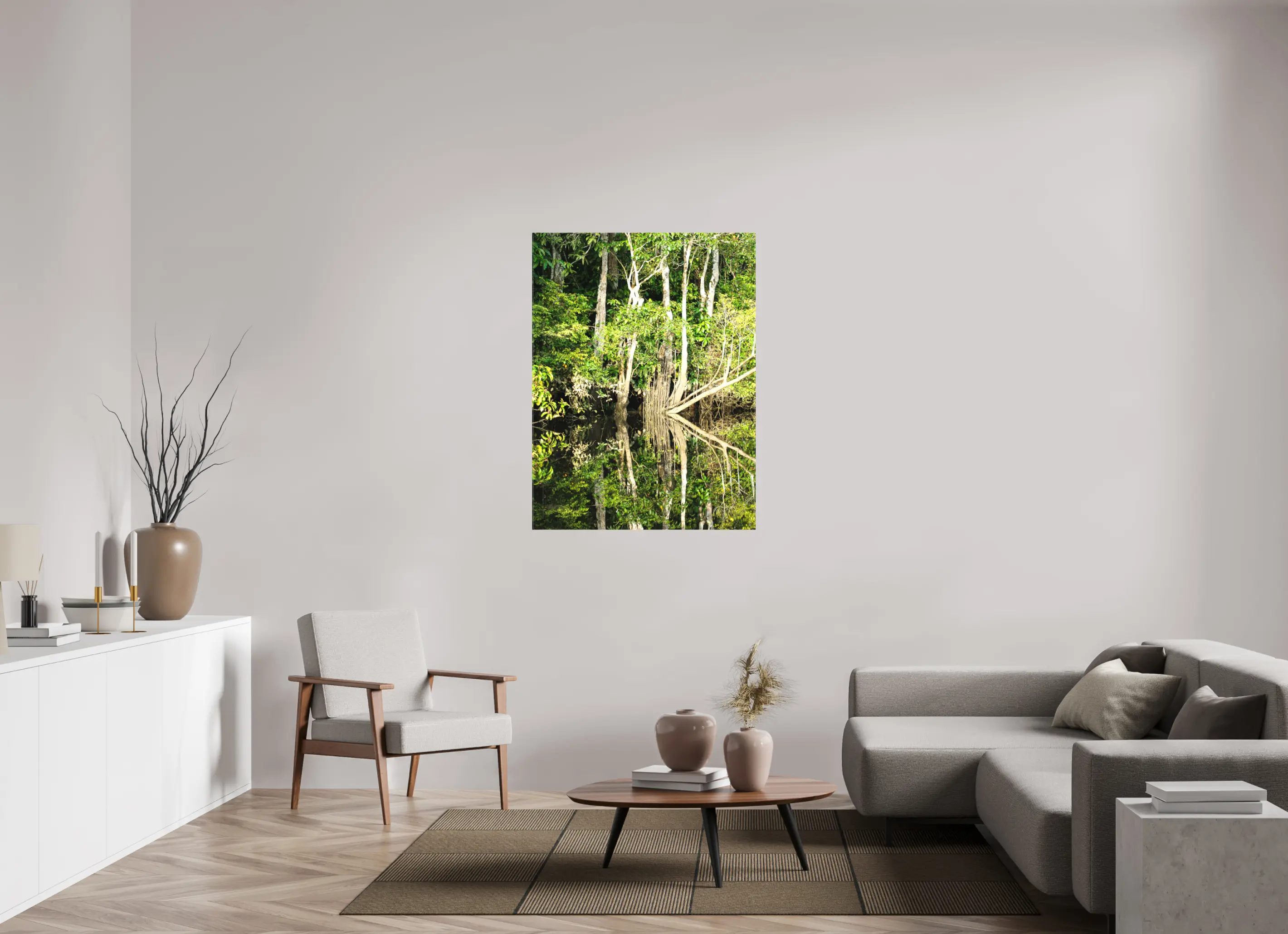 Fine art print “The Jungle Mirror” featuring dense Bornean rainforest trees perfectly reflected in still dark river water, displayed on a premium canvas print in a modern living room setting.