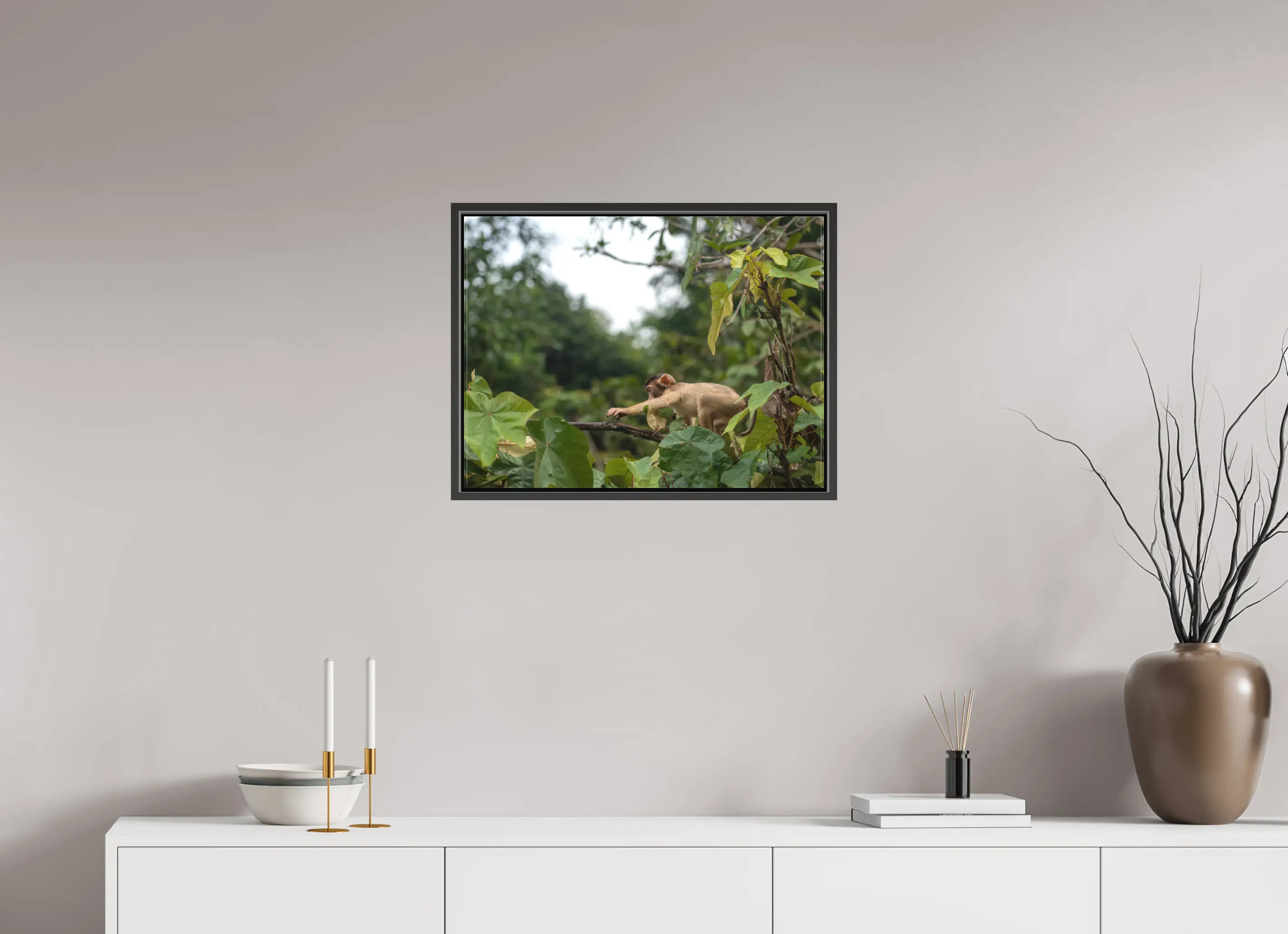 Fine art print “The Reach” featuring a young macaque in the rainforests of Borneo, displayed on a premium framed canvas print in a modern living room setting.