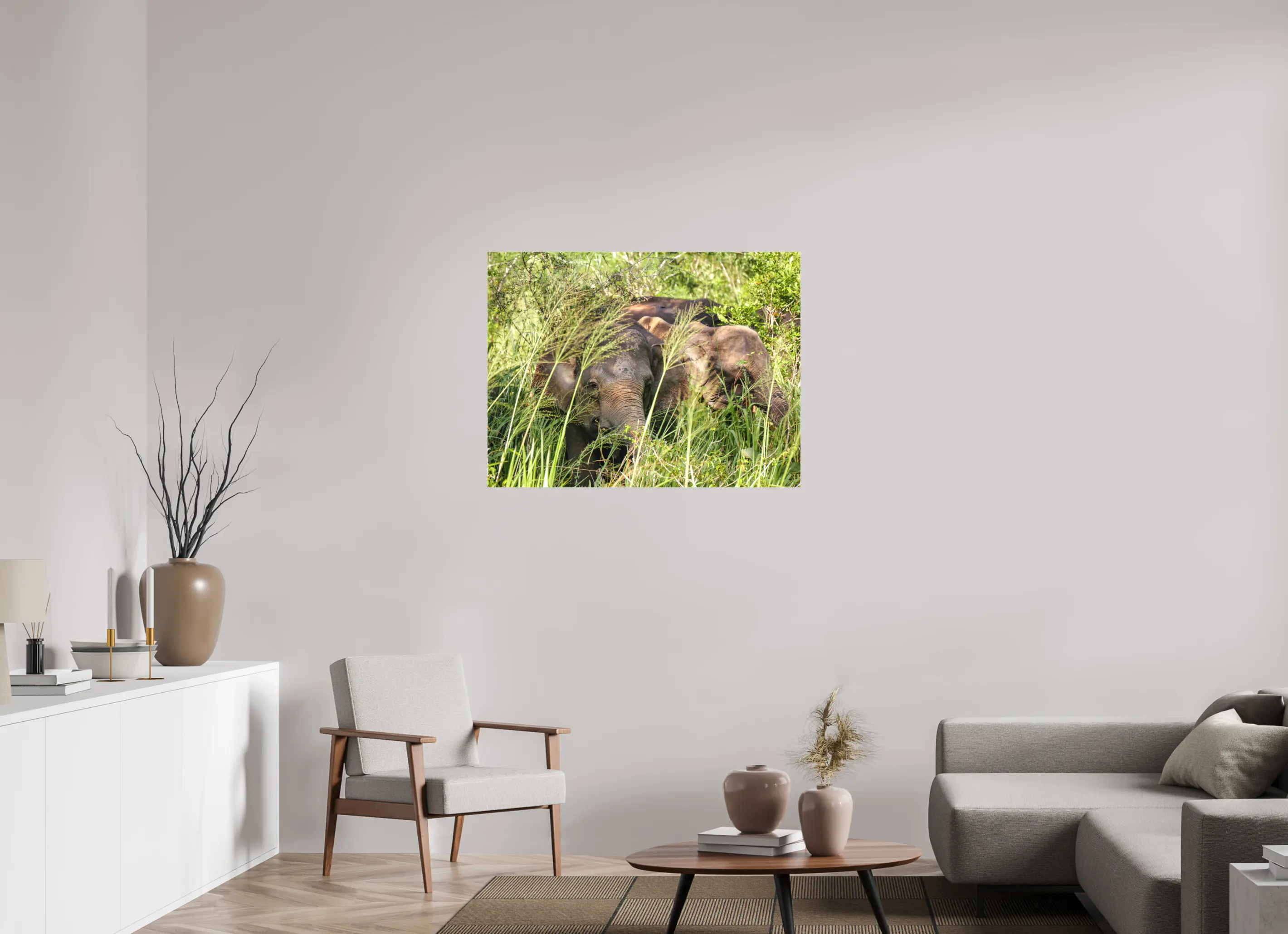 Fine art print “Gentle Giants” featuring wild asian elephants in the forests of Sri Lanka, displayed on a premium canvas print in a modern living room setting.