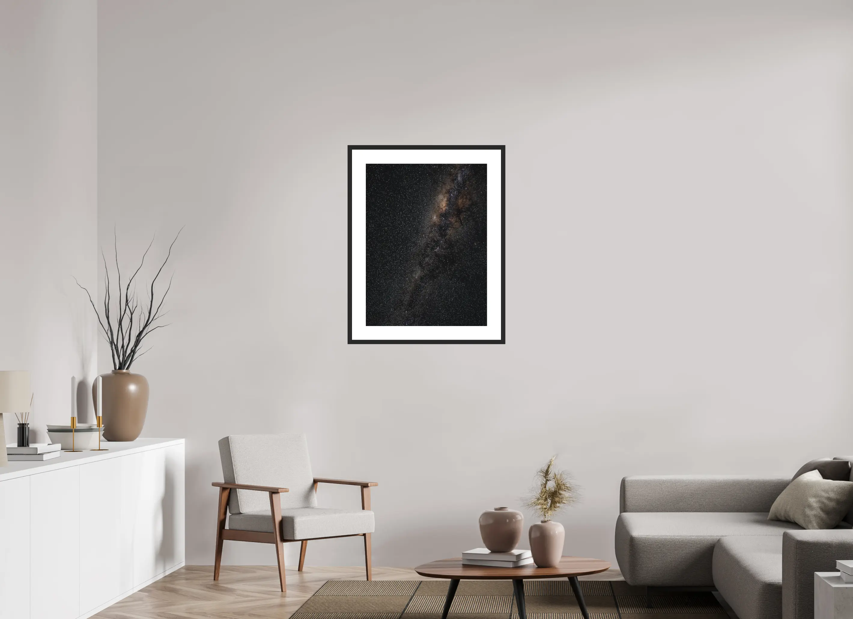 Fine art print “Made of Stars” featuring the Milky Way stretching across the Australian night sky, displayed in a passepartout frame in a modern living room setting.