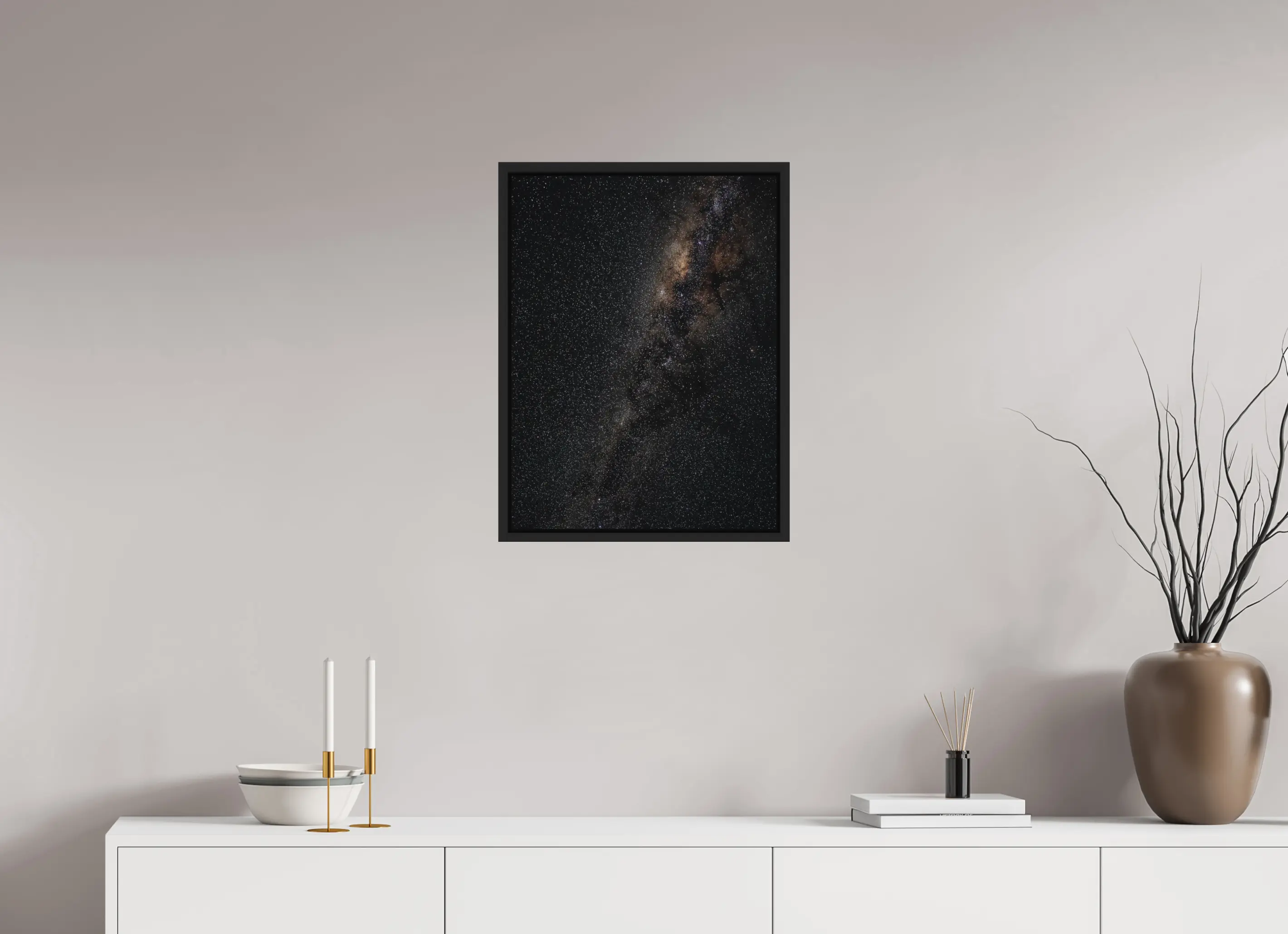 Fine art print “Made of Stars” featuring the Milky Way stretching across the Australian night sky, displayed in a floater frame in a modern living room setting.