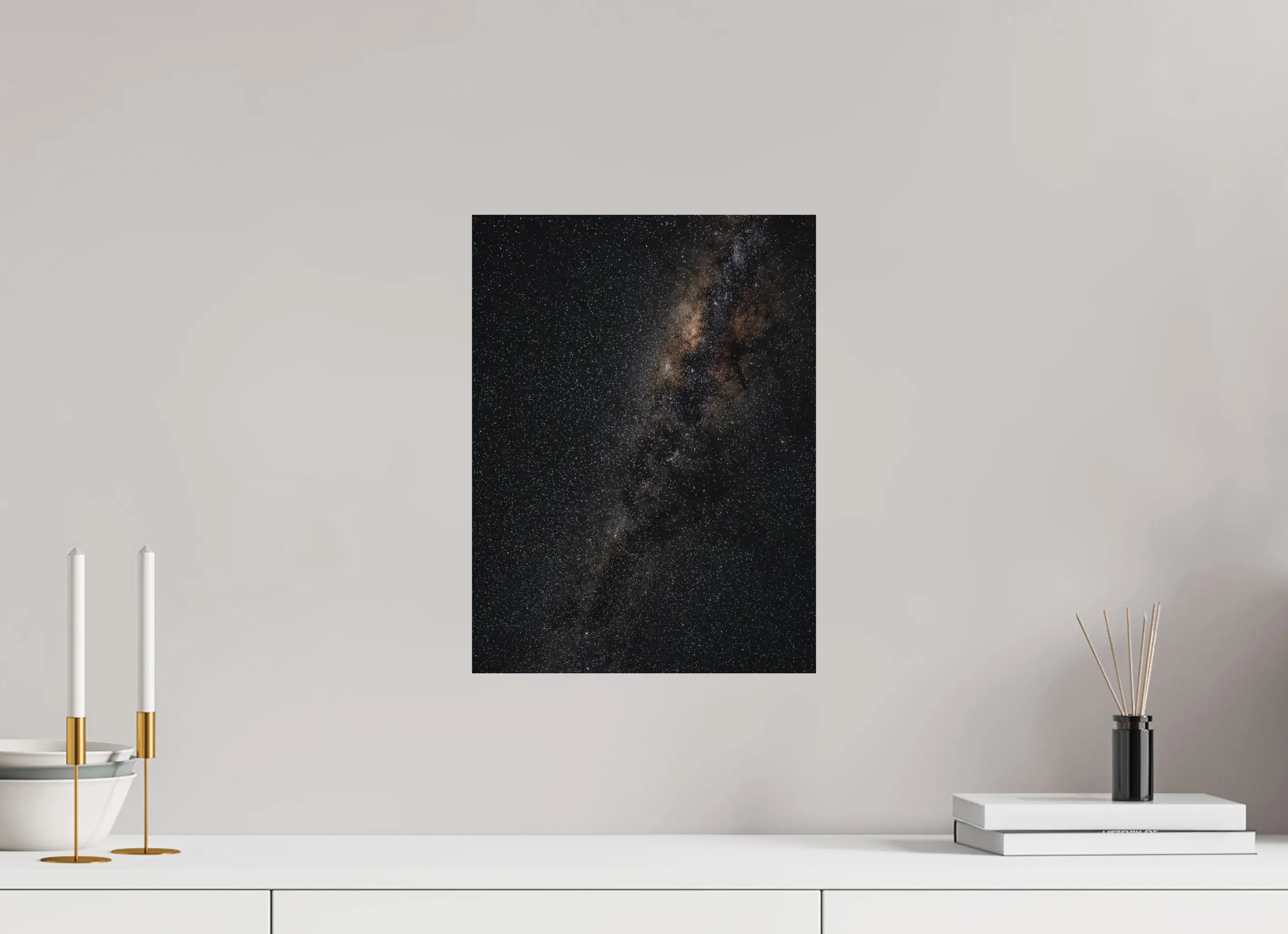 Fine art print “Made of Stars” featuring the Milky Way stretching across the Australian night sky, displayed on aluminium dibond in a modern living room setting.