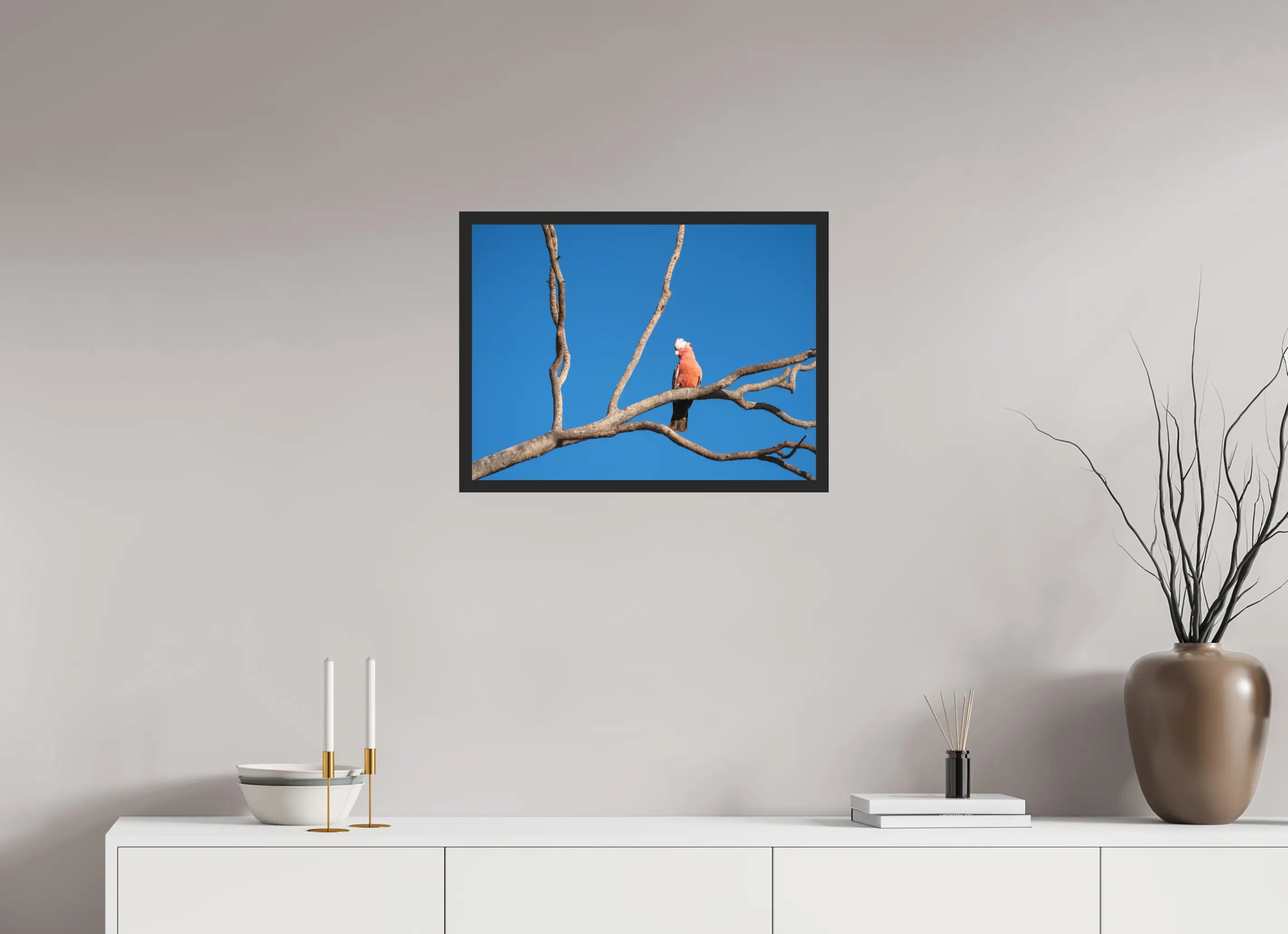 Fine art print “Pause” featuring a Galah perched on a bare tree branch under a clear blue Australian sky, displayed classic framed in a modern living room setting.