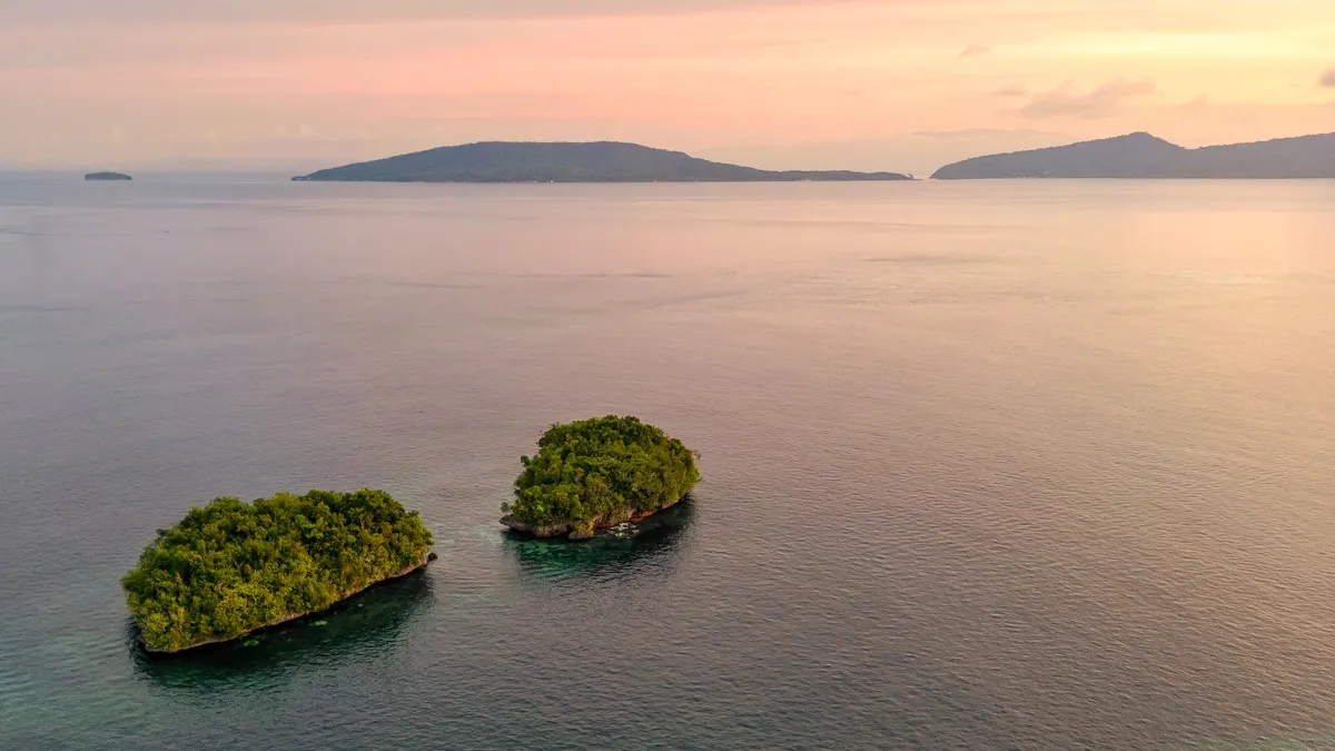 Aerial view of two small lush islands surrounded by calm pink waters at sunset in Raja Ampat Indonesia.