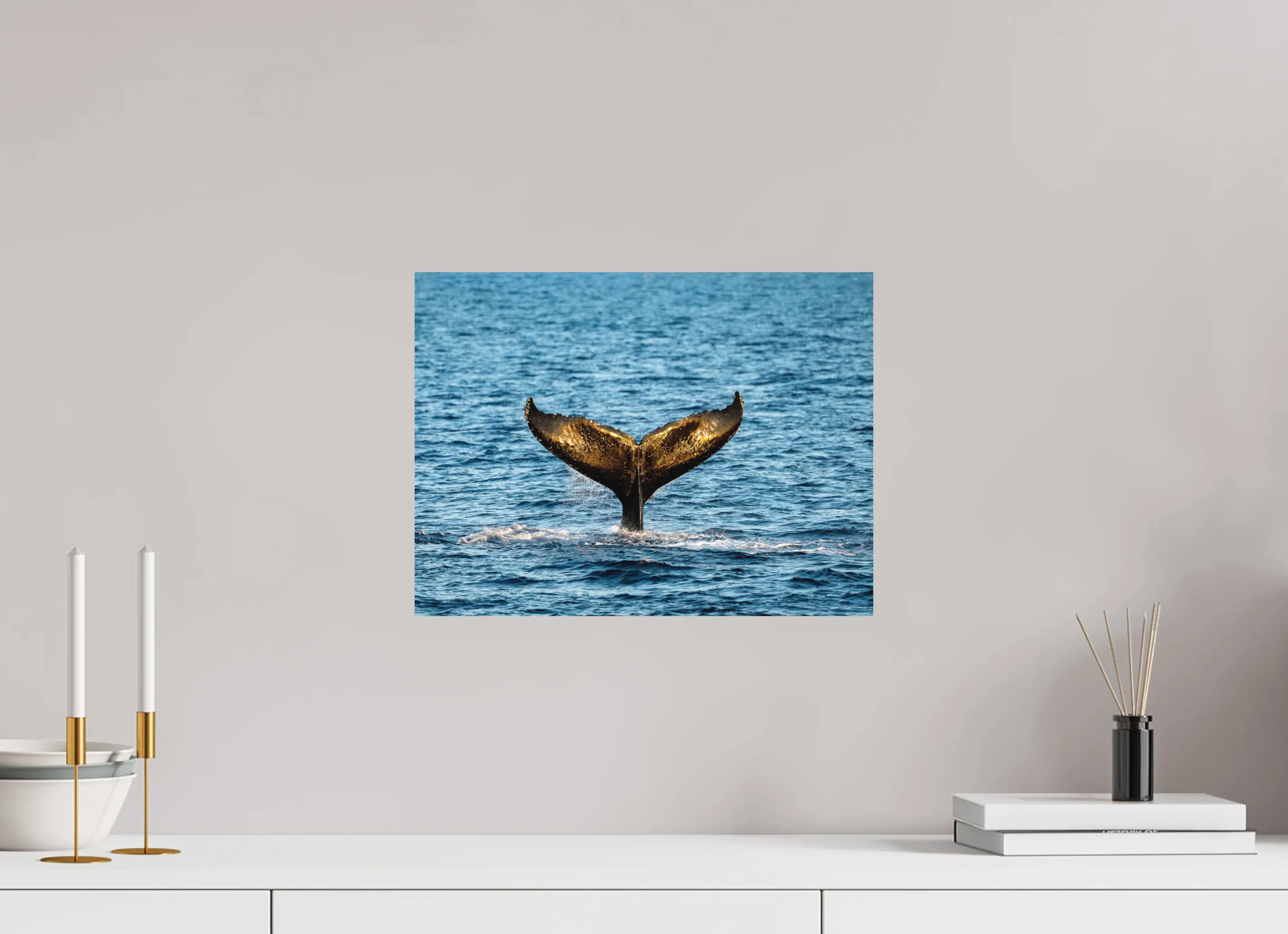 Fine art print “The Golden Fluke” featuring a humpback whale tail reflecting golden sunlight as it dives into the blue ocean, displayed on aluminium dibond in a modern living room setting.