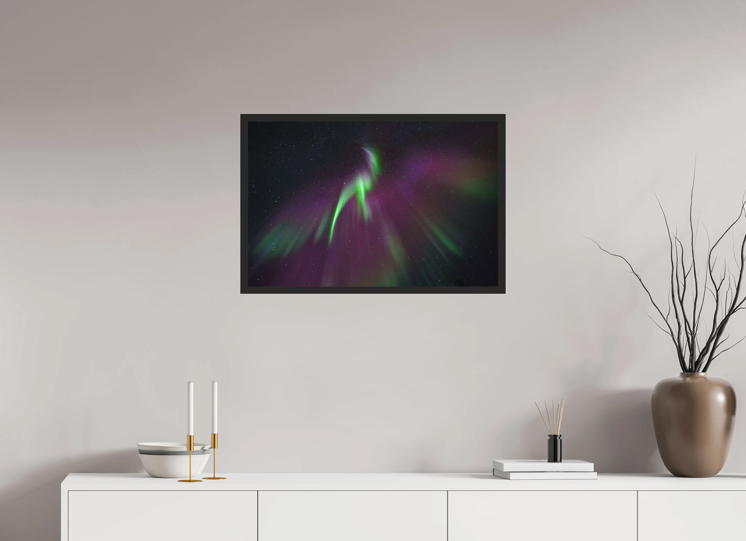 Fine Art Photography Print of Aurora Borealis in Shape of Phoenix as a Framed Print.