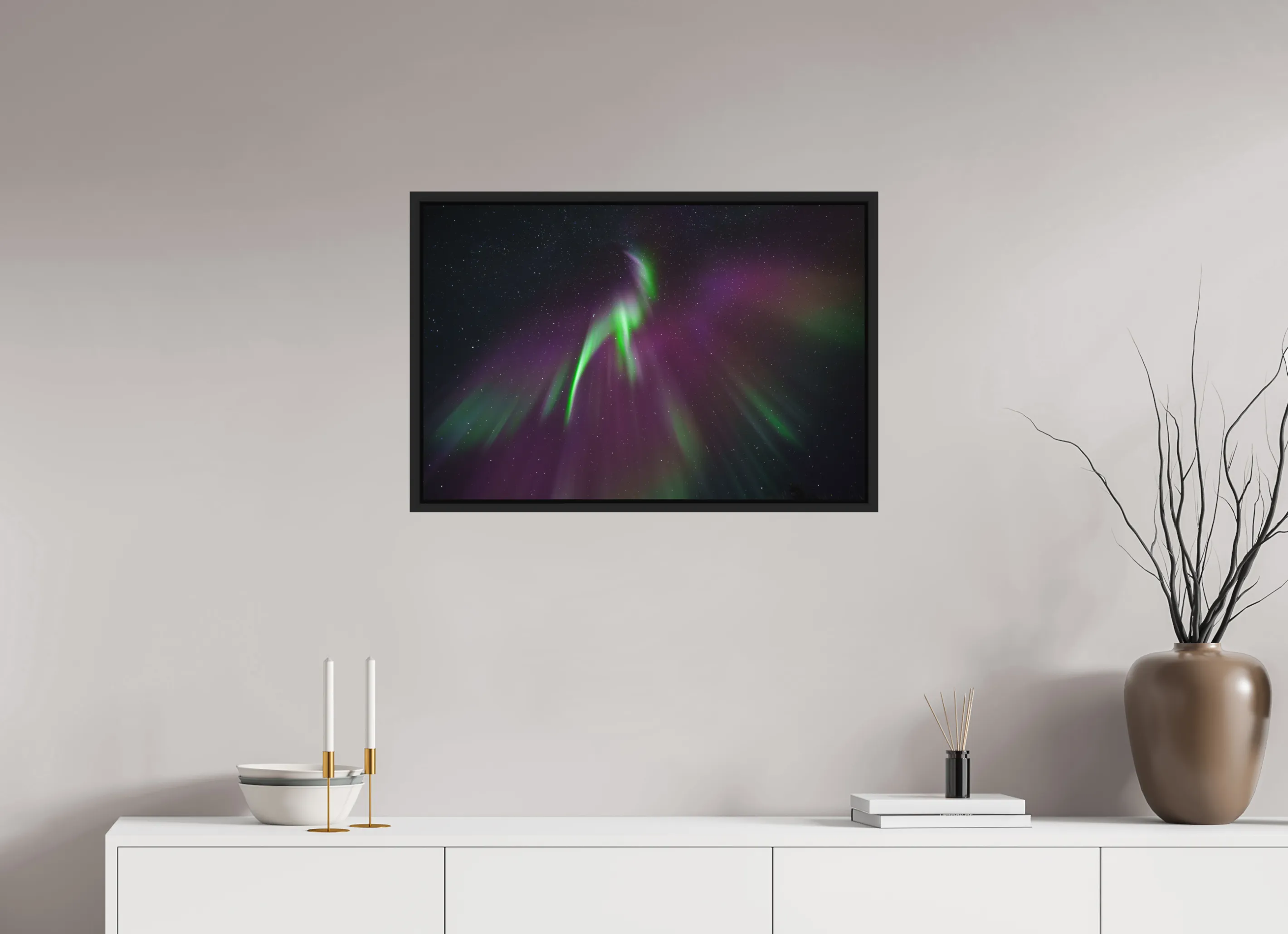 Fine Art Photography Print of Aurora Borealis in Shape of Phoenix as a Framed Print.