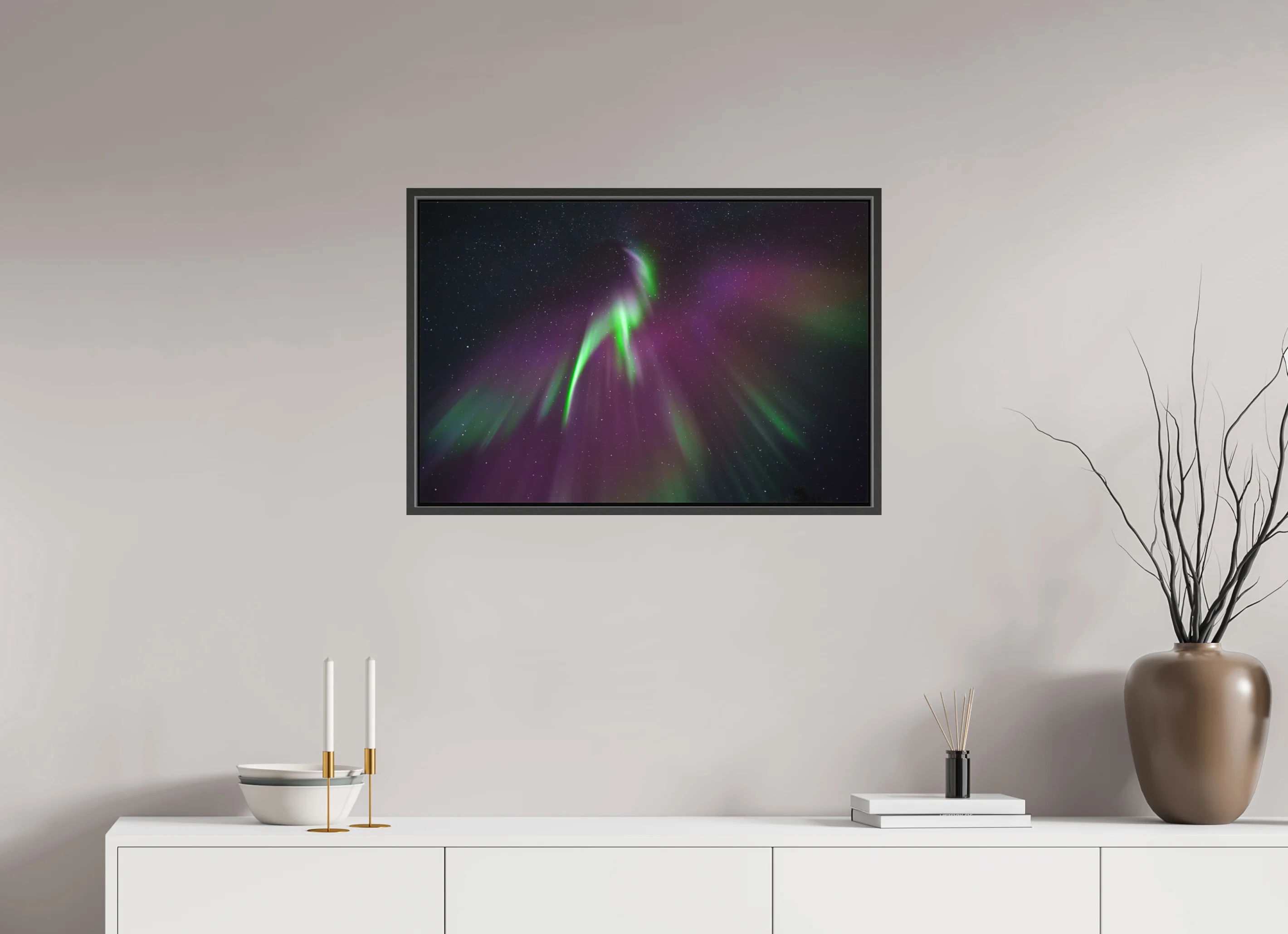 Fine Art Photography Print of Aurora Borealis in Shape of Phoenix as a Framed Print.