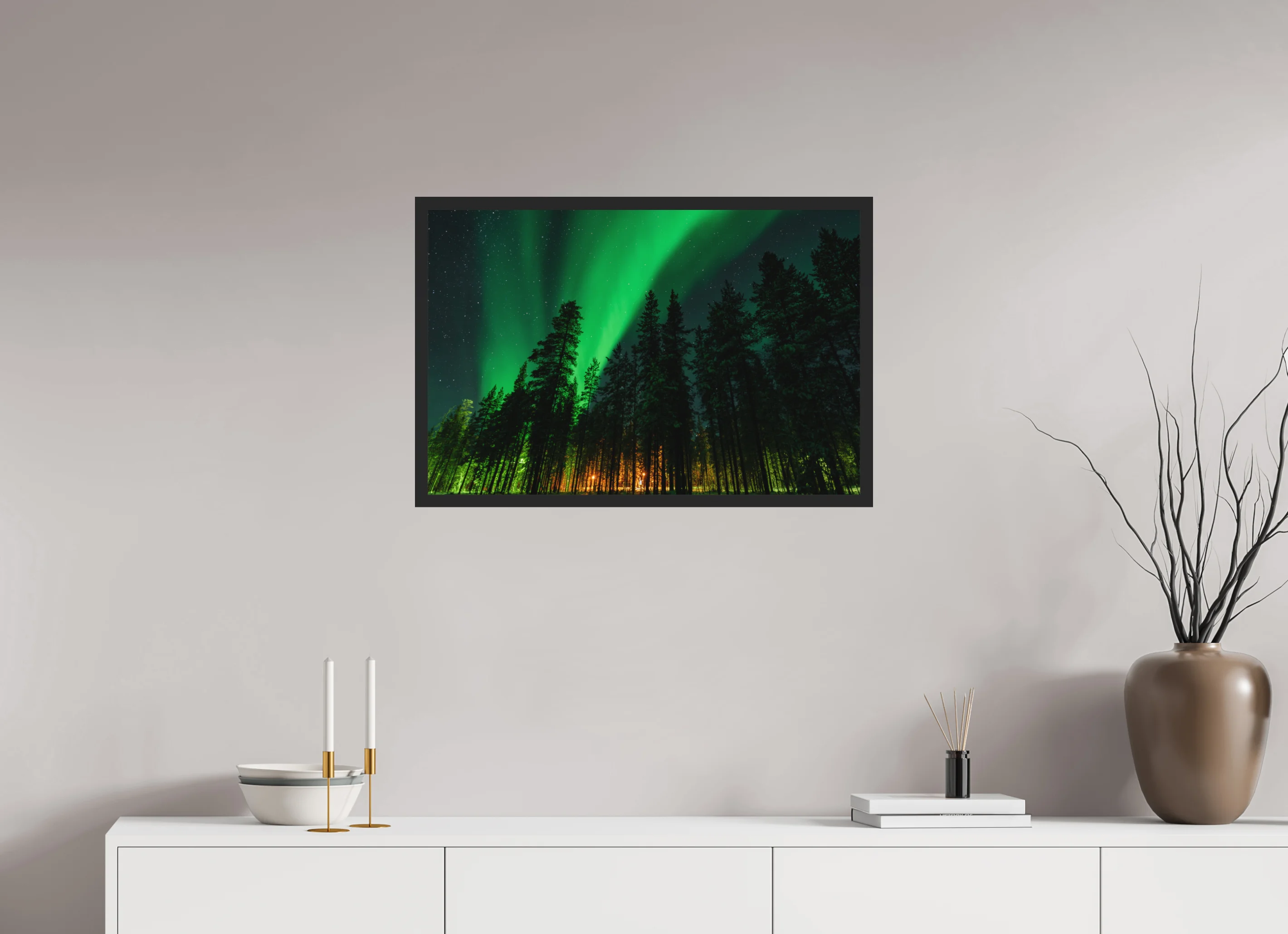 Northern Lights above an arctic forest in Finnish Lapland as framed canvas