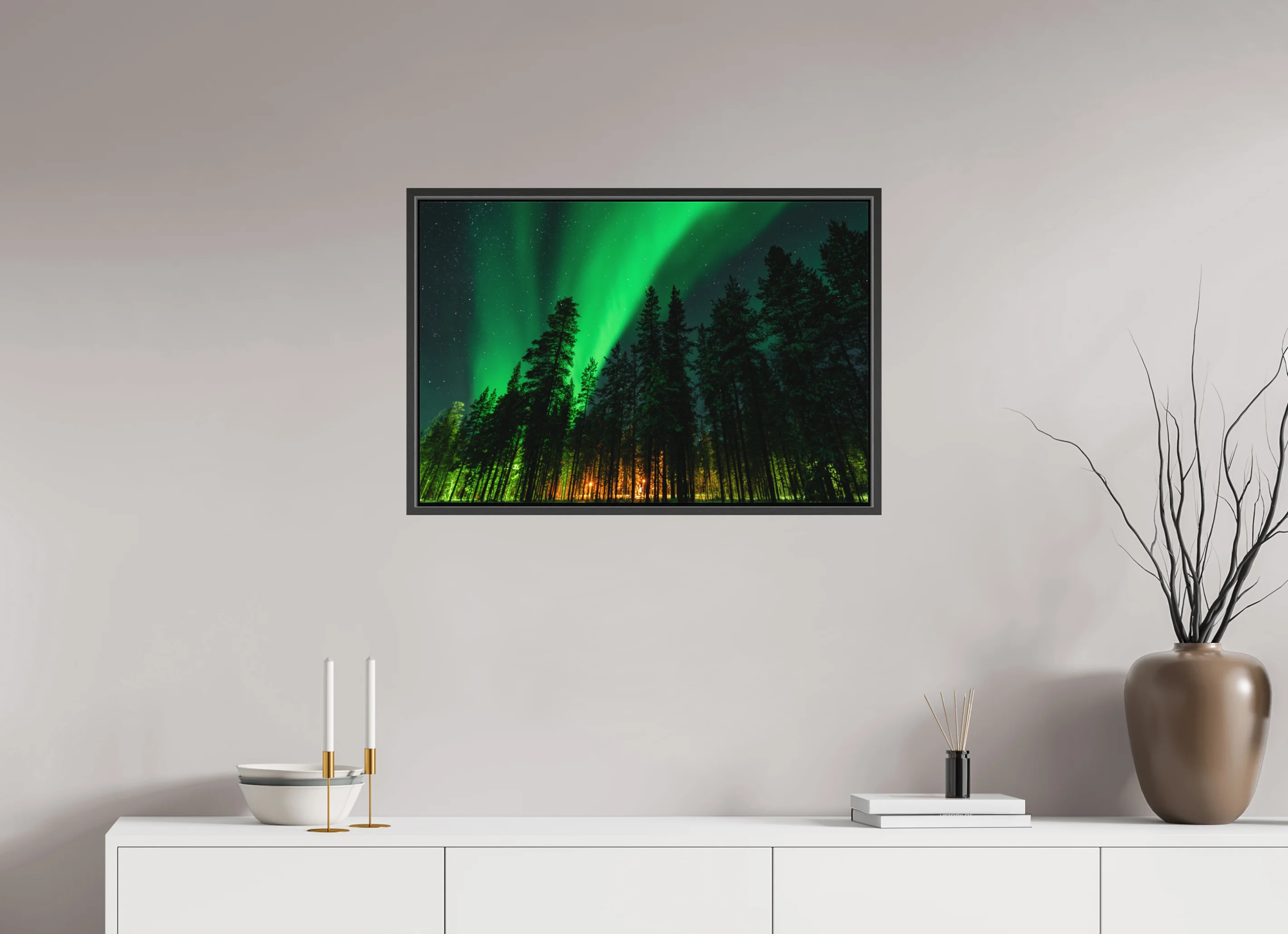 Northern Lights above an arctic forest in Finnish Lapland as floater framed Fine Art Print.