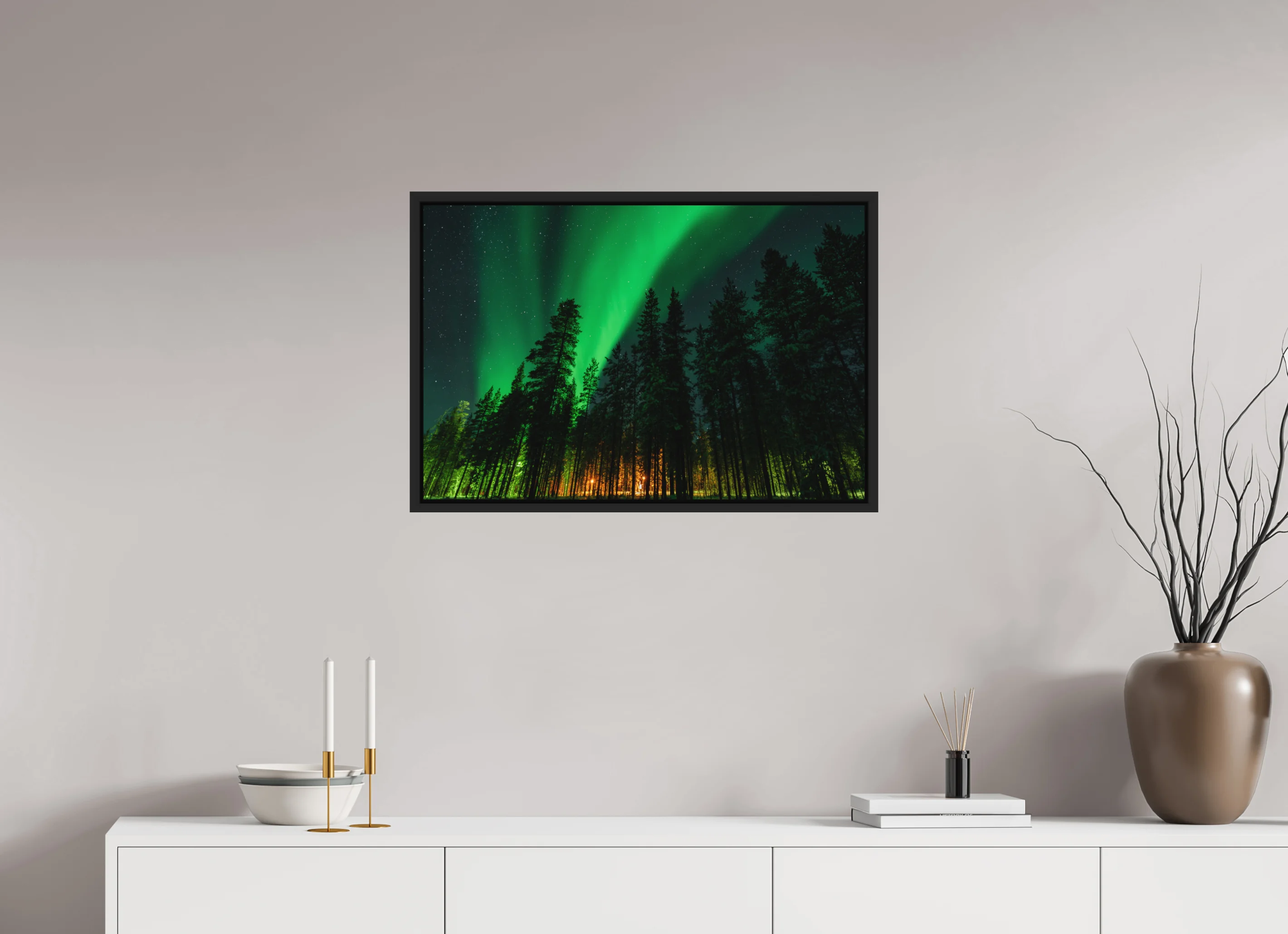 Northern Lights above an arctic forest in Finnish Lapland as classic framed Fine Art Print.
