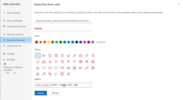 The Subscribe from web window in new Outlook, with the feed link, name, color, and account fields.The Subscribe from web window in new Outlook, with the feed link, name, color, and account fields.
