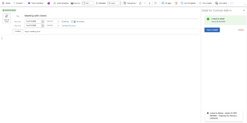 An Outlook event marked as Synced with bilabl.