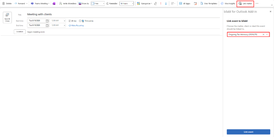 The bilabl add-in open on the Outlook toolbar, showing the client, matter, and deal link options.