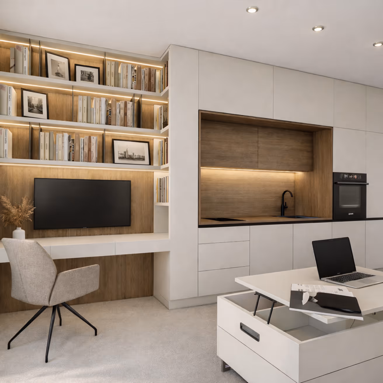 Moderní obývací pokoj s pracovním koutem, vestavěnou televizí, knihovnou a kuchyňskou linkou v neutrálních tónech.