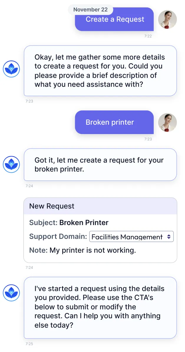 Help desk virtual assistant chat discussing a broken printer request