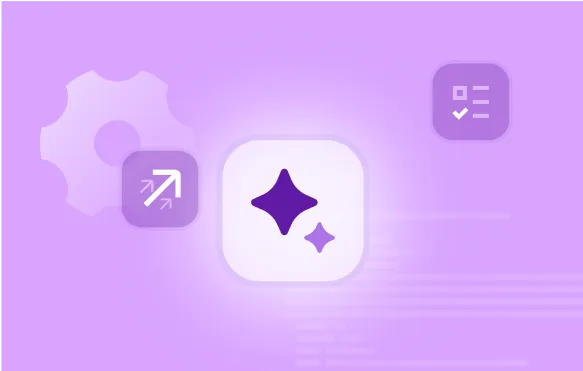 A purple AI star logo on a graphic background with a cogwheel and checklist