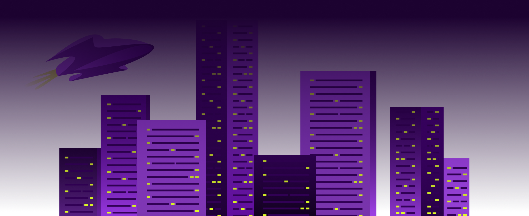 Stylized illustration of a purple city skyline at night with tall buildings lit by yellow windows and a spaceship flying...
