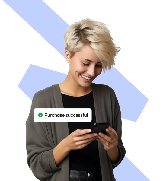 Smiling woman with short blonde hair holding a smartphone displaying a green Purchase successful confirmation notification.