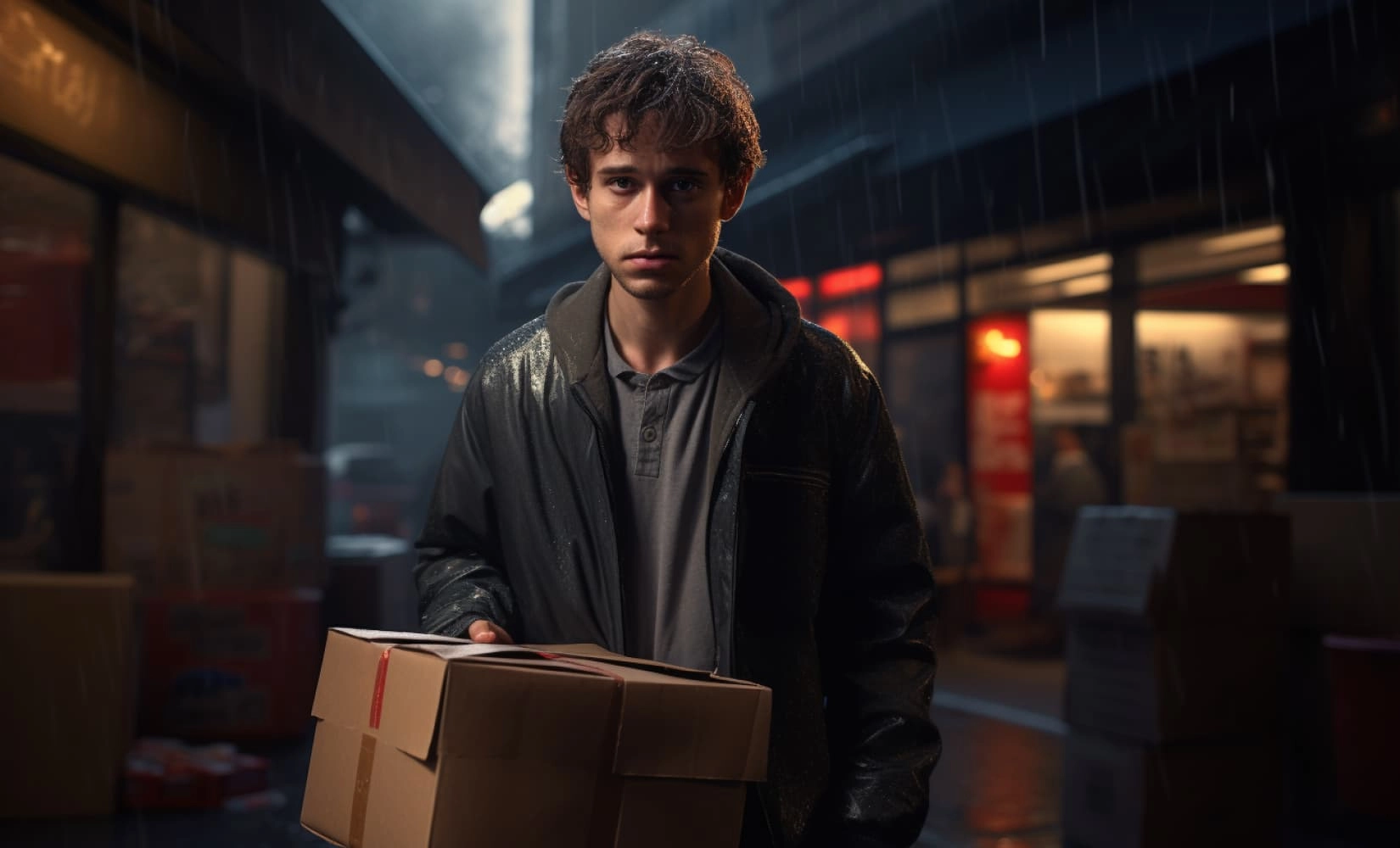 Cinematic photo of a young man carrying cardboard boxes in a rainy urban alley at night with moody red-lit storefront in...