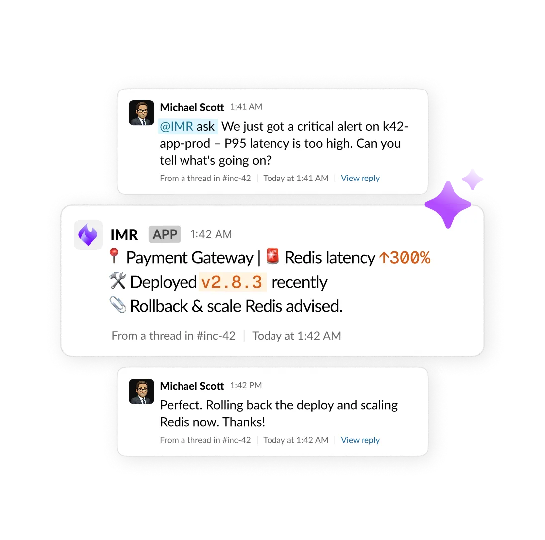 Xurrent IMR AI app responding in a Slack thread to a payment gateway Redis latency spike, advising rollback and scaling.