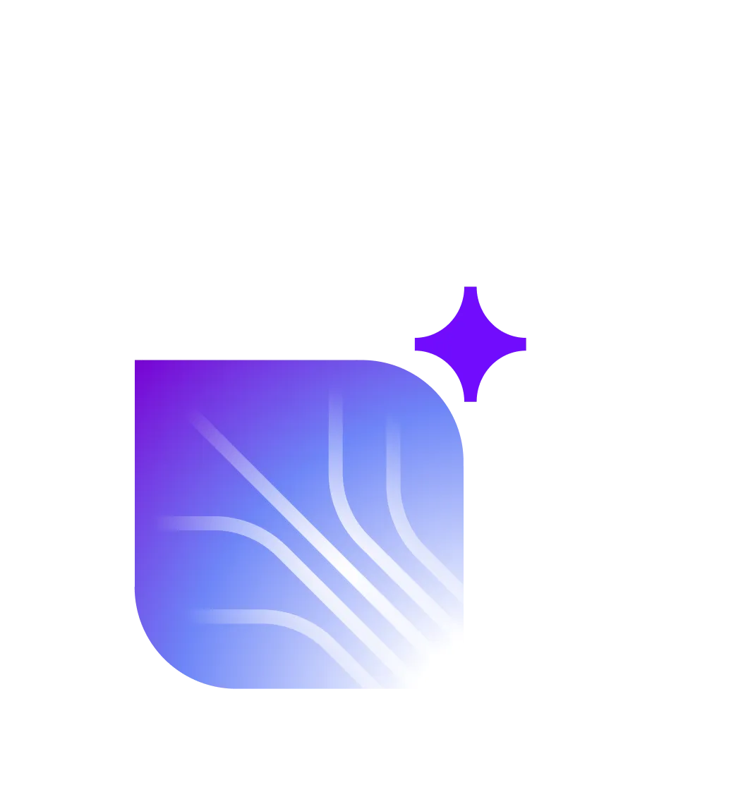 Abstract illustration of a rounded square with flowing wave lines in a blue-to-purple gradient, accompanied by a bright...
