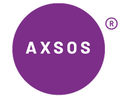 AXSOS company logo with white text inside a solid purple circle with a registered trademark symbol.