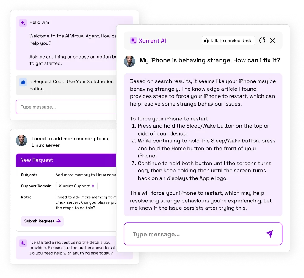 Xurrent AI virtual agent chat interface showing a conversation where the AI provides iPhone restart troubleshooting steps...