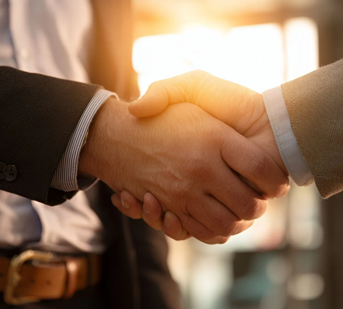 Business handshake during a merger or acquisition meeting, symbolizing HR due diligence and I-9 compliance risk in corporate audits.