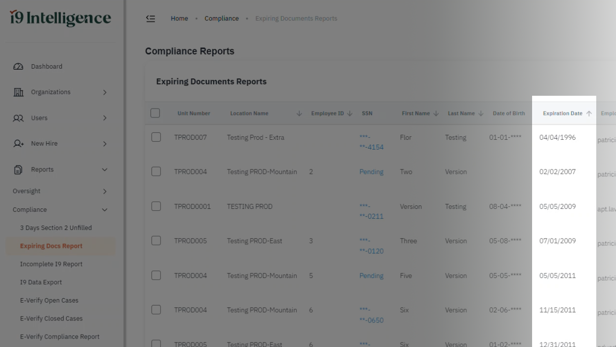 Expiring Documents Report in i9 Intelligence showing the Compliance Reports screen with expiration dates listed