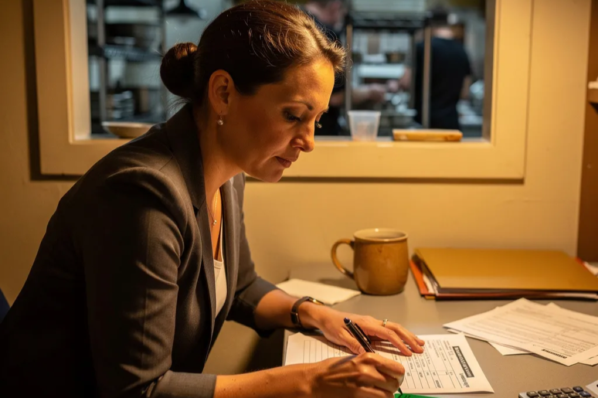 Restaurant general manager examining a green card at her back office desk with a commercial kitchen visible through the pass-through window