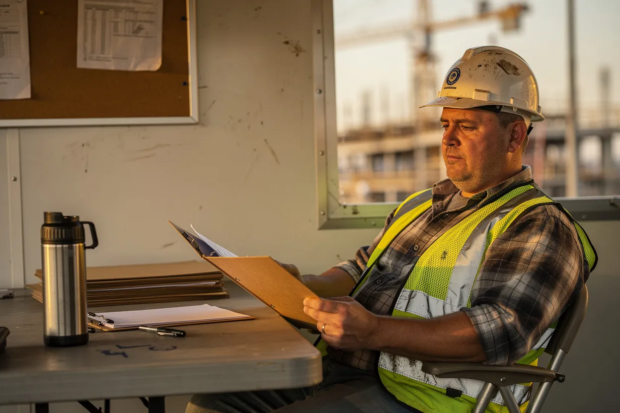 Construction superintendent reviewing employee I-9 paperwork in a job site trailer