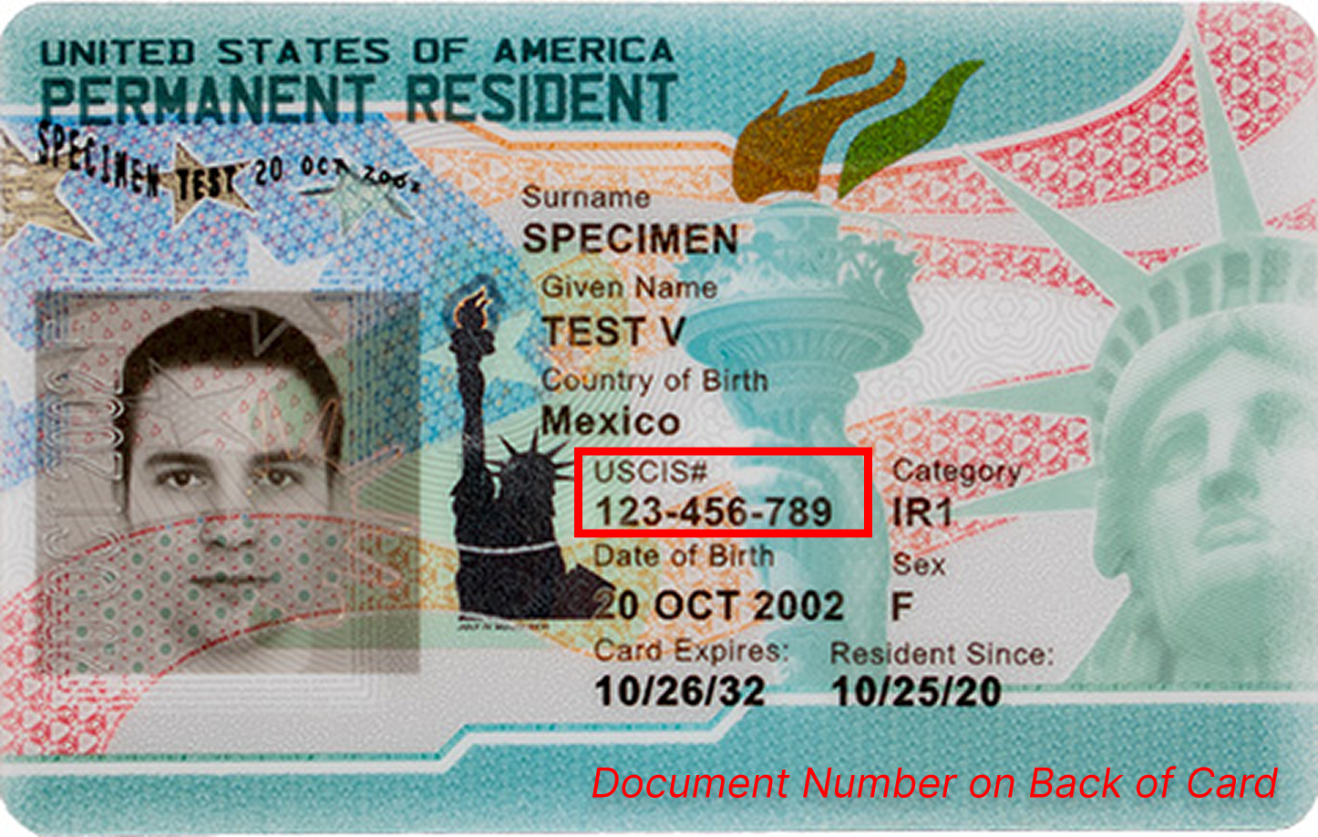 Front of a Permanent Resident Card (Form I-551) with the A-Number (USCIS#) highlighted in a red box. The Document Number is on the back of the card.