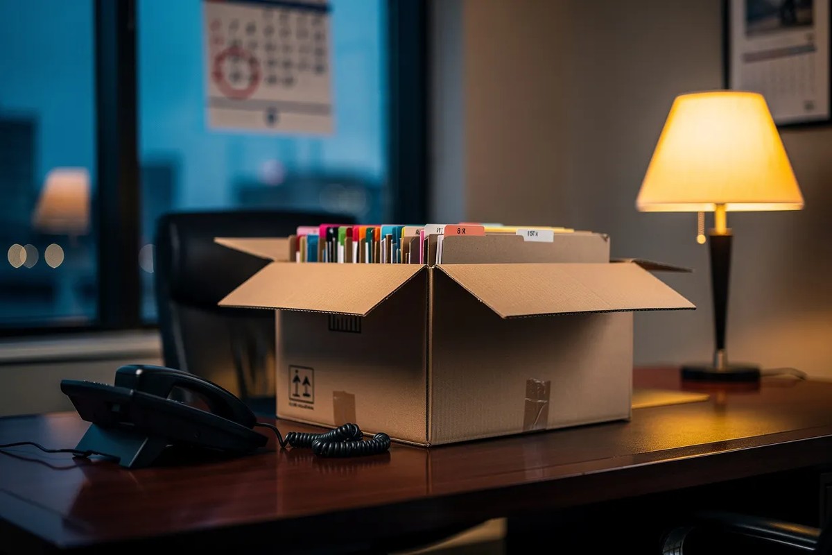 Cardboard box filled with labeled manila file folders on a late-evening executive desk beside a warm lamp and wall calendar — representing the SAP Onboarding 1.0 I-9 data migration before the May 14, 2026 shutoff