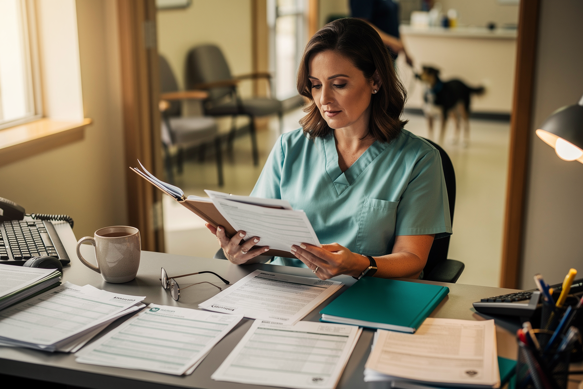 An office manager in a real workplace setting calmly examining new-hire paperwork at her desk — illustrating an employer verifying work authorization on Form I-9.