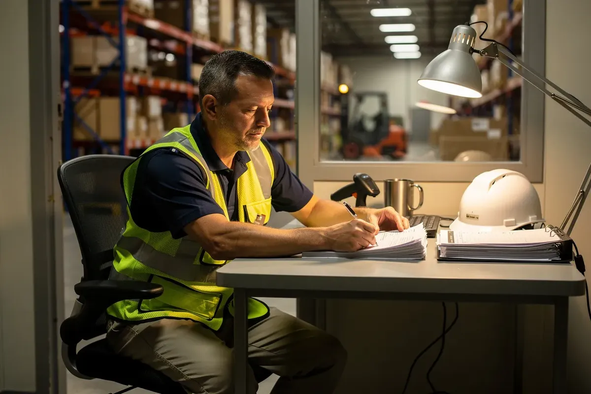 Warehouse operations supervisor in a hi-vis safety vest reviewing new-hire I-9 paperwork at a desk inside a small warehouse office, pallet racks and a forklift visible through the open door behind him.