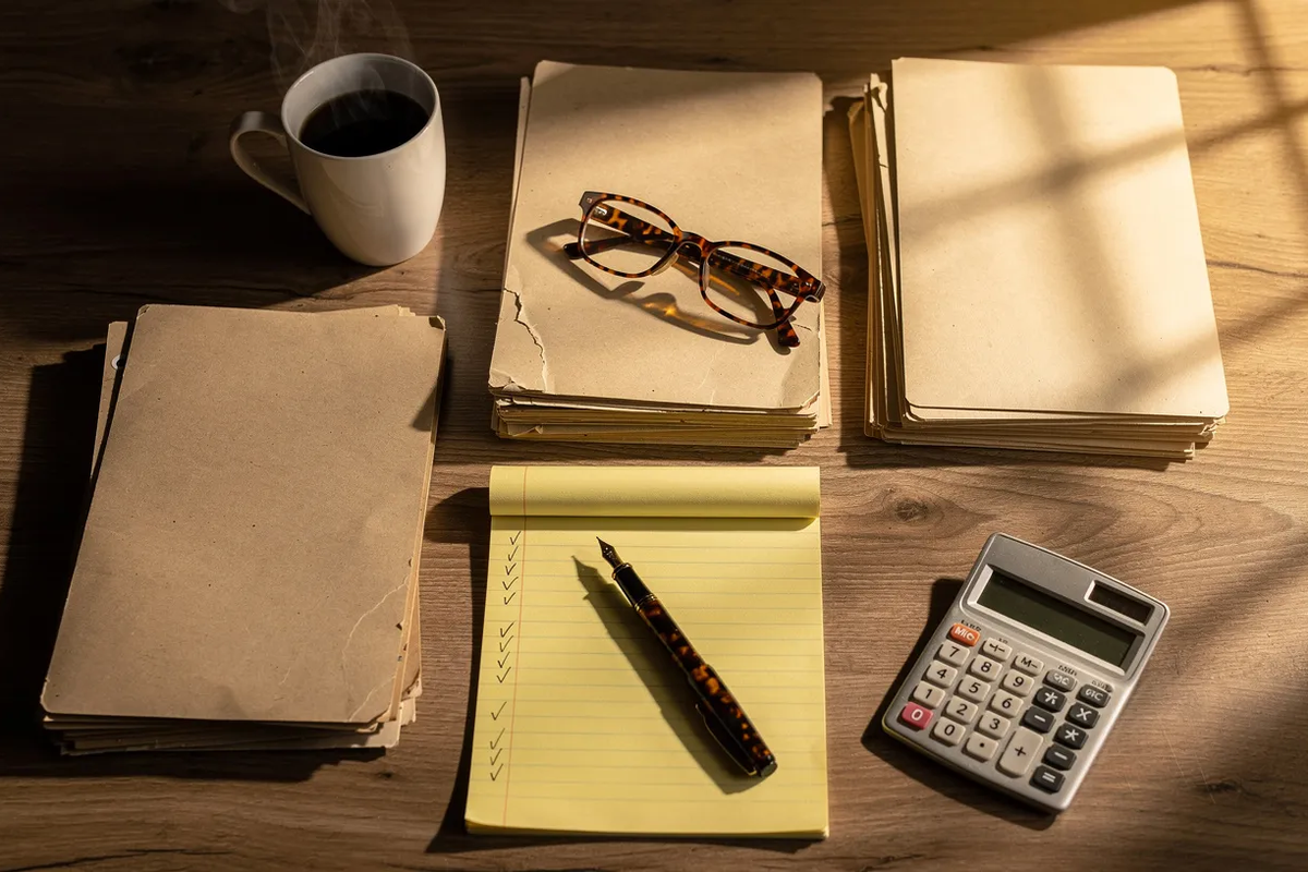 Overhead view of an organized I-9 audit workspace with manila folders, a yellow legal pad with checkmarks, reading glasses, and a coffee mug on a warm wood desk.