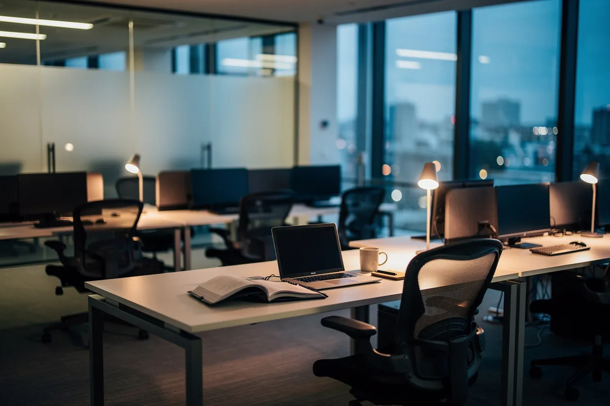 An empty modern corporate workspace at end of day with a single workstation in the foreground, a folder lying open on the desk, and rows of empty desks fading into the background.