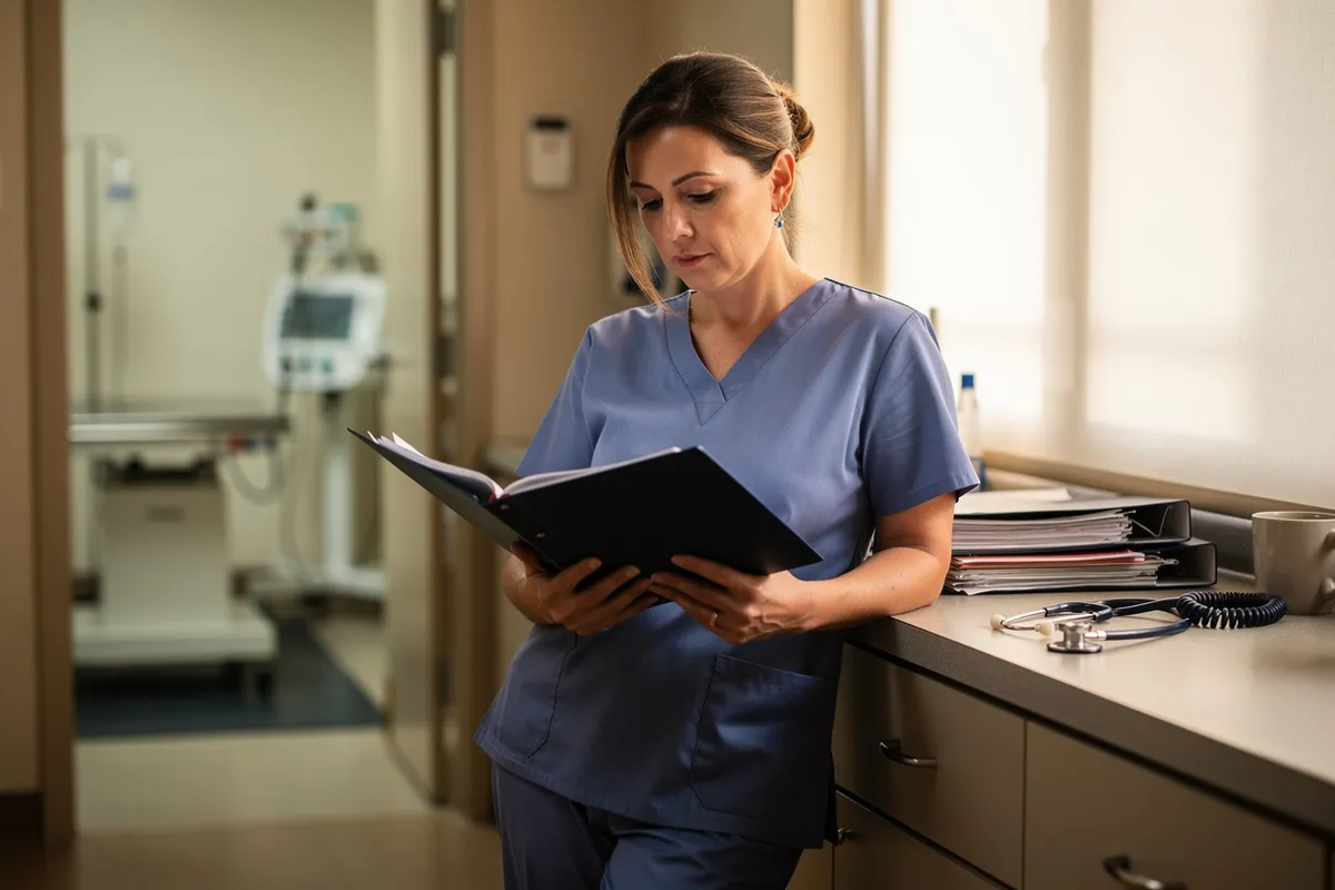 A vet clinic office manager in scrubs holding an open personnel folder, leaning against a back-office counter with patient files and a stethoscope.