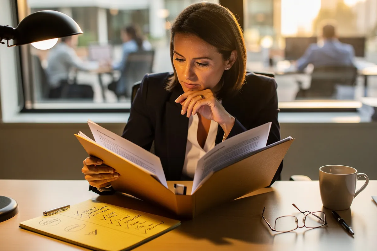 An HR director at her desk comparing two open vendor proposal folders side by side, weighing the choice between two I-9 compliance vendors