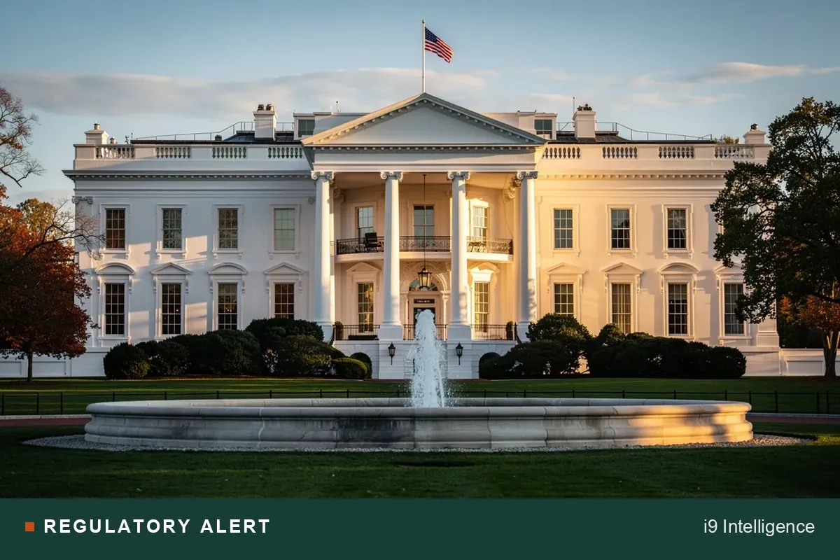 White House North Portico at sunset with a REGULATORY ALERT band — i9 Intelligence cover for the H.R.1 fee rule analysis (effective May 29, 2026)