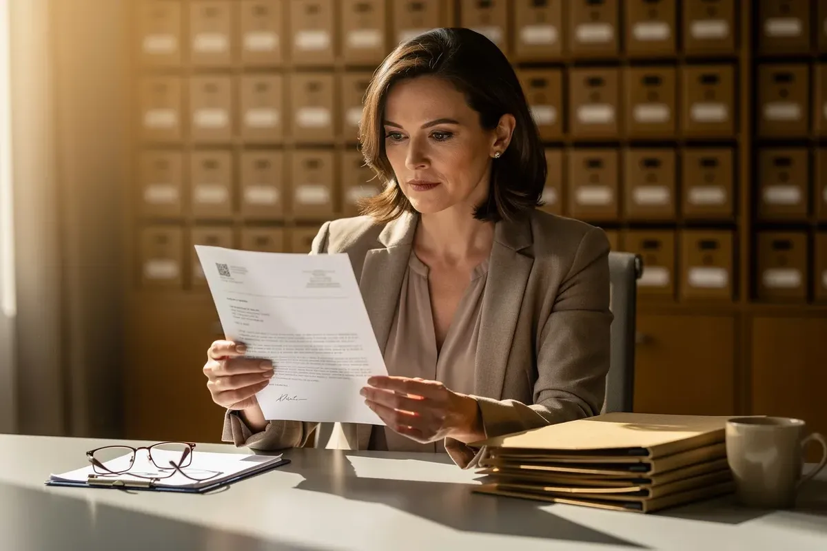 An HR director seated at her desk reading an official-looking letter held in both hands, manila folders and reading glasses on the desk, late-afternoon office light from a window — representing the moment of receiving an ICE Notice of Inspection