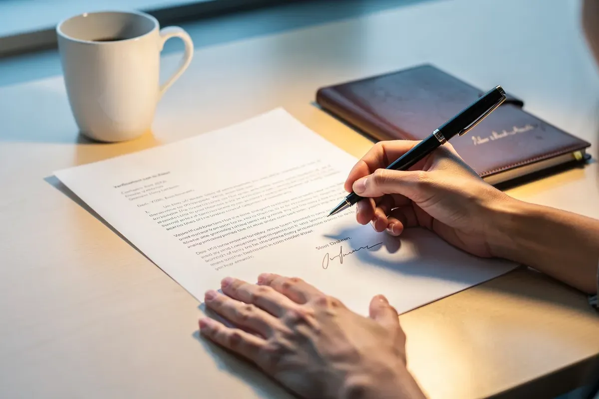 Close-up of a woman's hands at a clean office desk, one hand resting on a printed verification letter while the other holds a fountain pen poised to sign — representing the routine moment of completing an employment verification document
