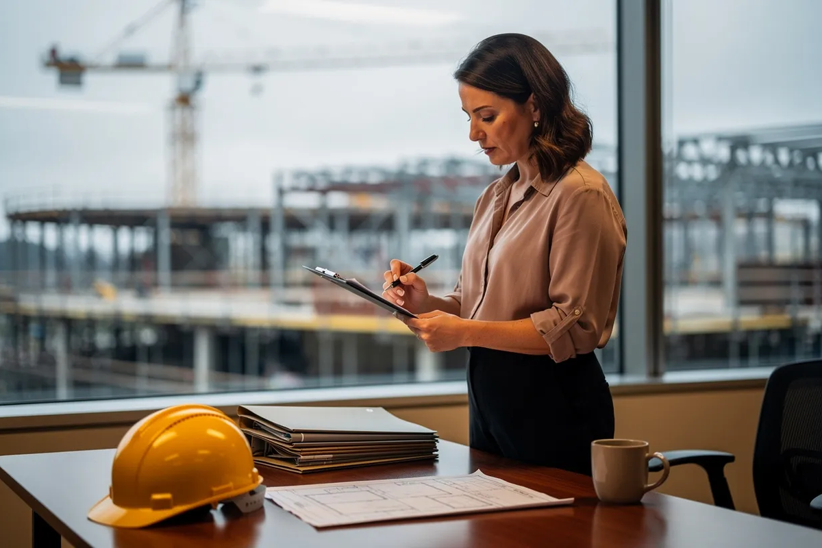 An HR manager at a construction company office holding a clipboard with a checklist, a yellow hard hat and personnel folders on the table, a construction site visible through the window behind her
