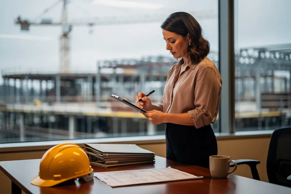 An HR manager at a construction company office holding a clipboard with a checklist, a yellow hard hat and personnel folders on the table, a construction site visible through the window behind her
